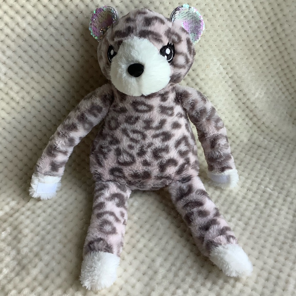 LOVE 2 DESIGN Plush Pink Grey Leopard Hook Loop Hands Feet Stuffed Animal Toy